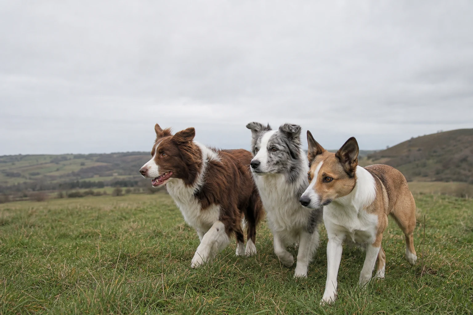 Three adult Border Collies with brown-and-white, blue-merle-and-white and sable-and-white coats moving together in a countryside meadow