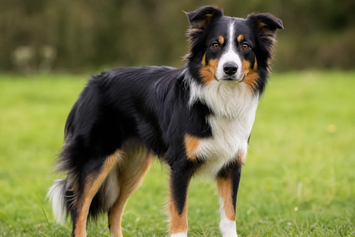Border Collie with a black, white and tan tricolour coat showing classic tan point markings above the eyes and on the legs